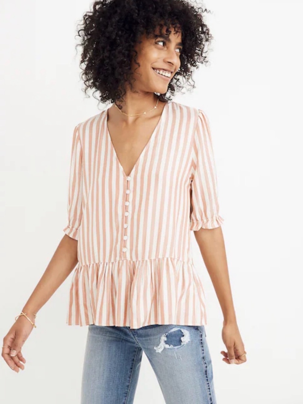 Madewell Courtyard Ruffle-Hem Button Front Short Sleeve Top Blouse Large